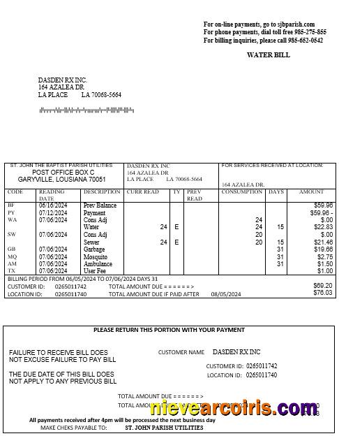 USA Louisiana St. John the Baptist Parish water business utility bill